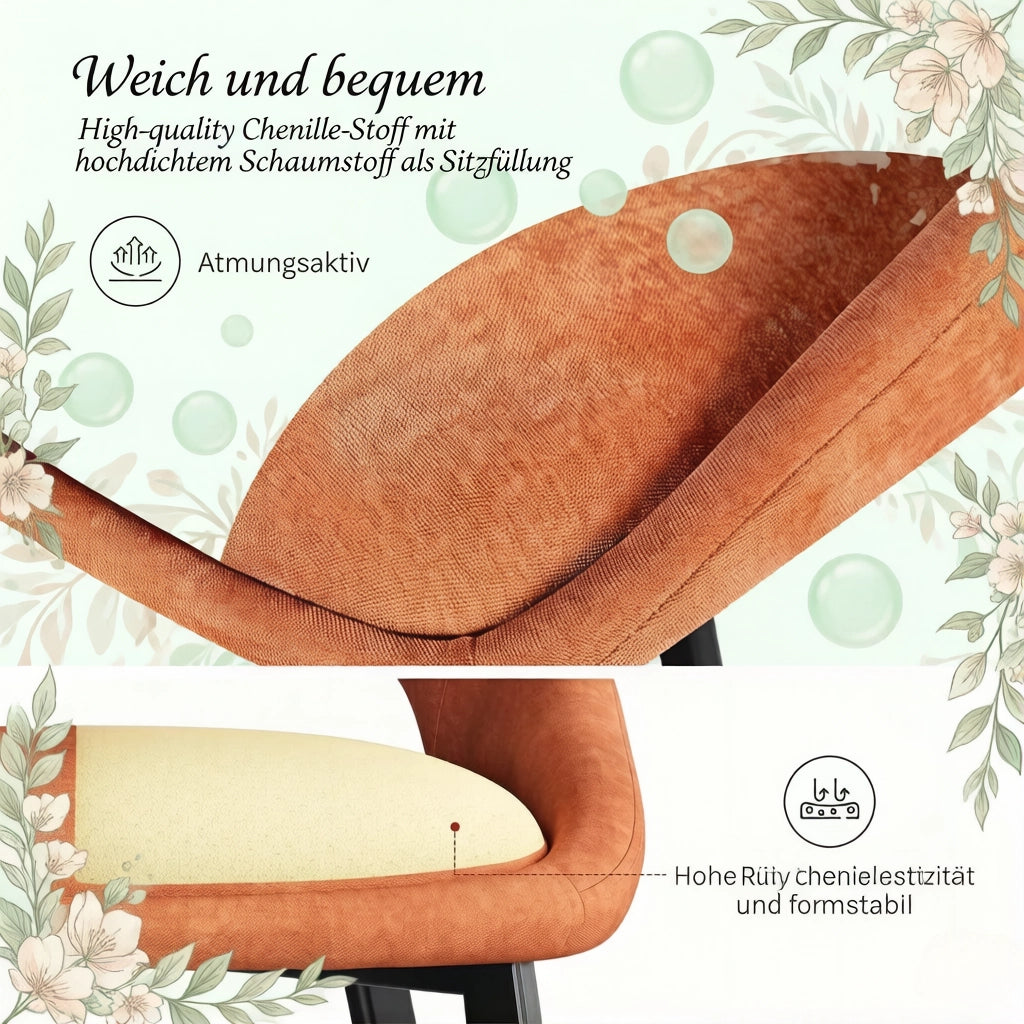 Sedia da Pranzo Set da 2 con Schienale Traspirante Ergonomico e Piedini Regolabili, in Ciniglia Arancione