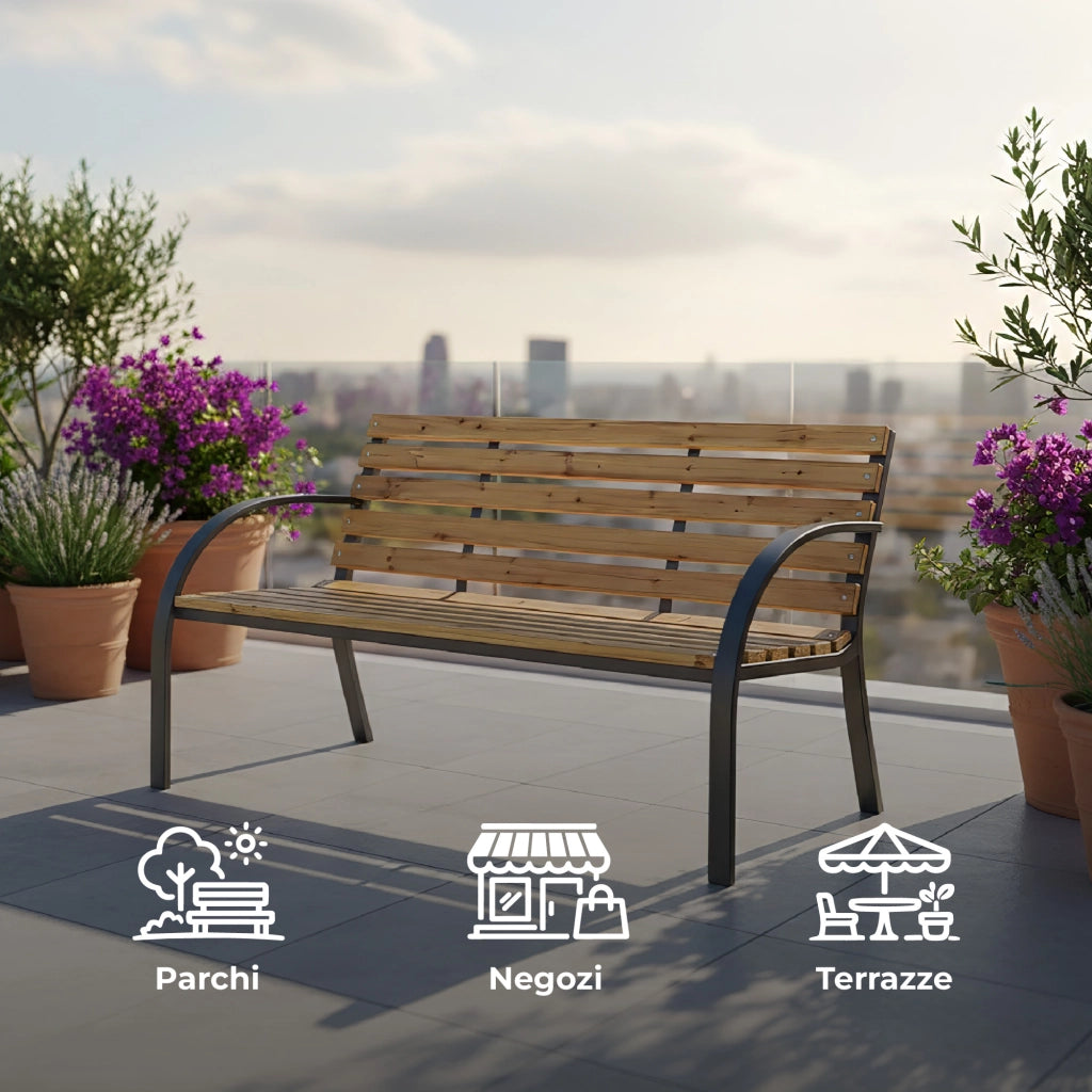 Panchina da Giardino 2 Posti in Legno e Acciaio 120 cm con Braccioli – Panca da Esterno per Terrazzo, Balcone e Giardino – Design Resistente e Comfort Naturale