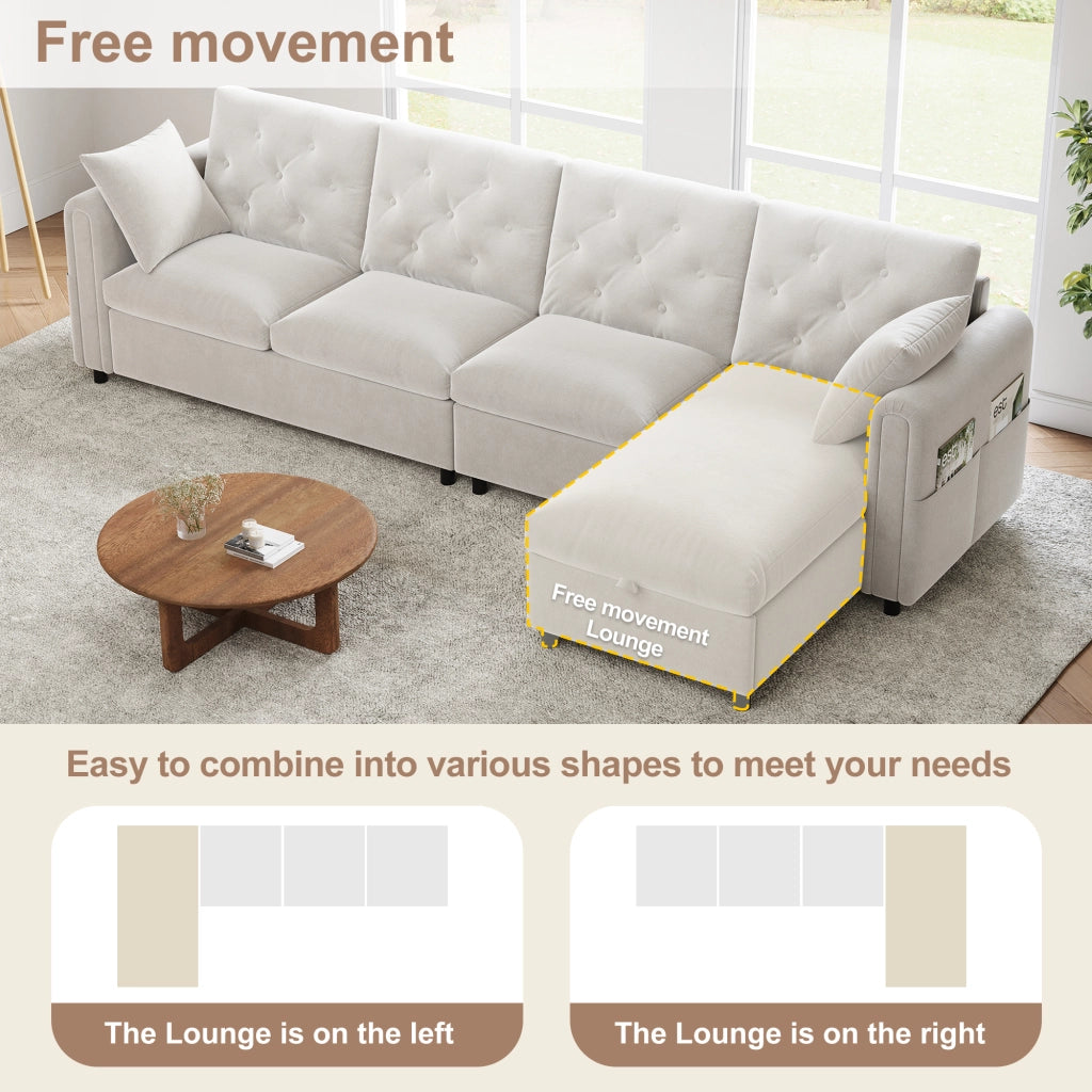 Divano angolare letto con contenitore e tasche laterali in velluto beige