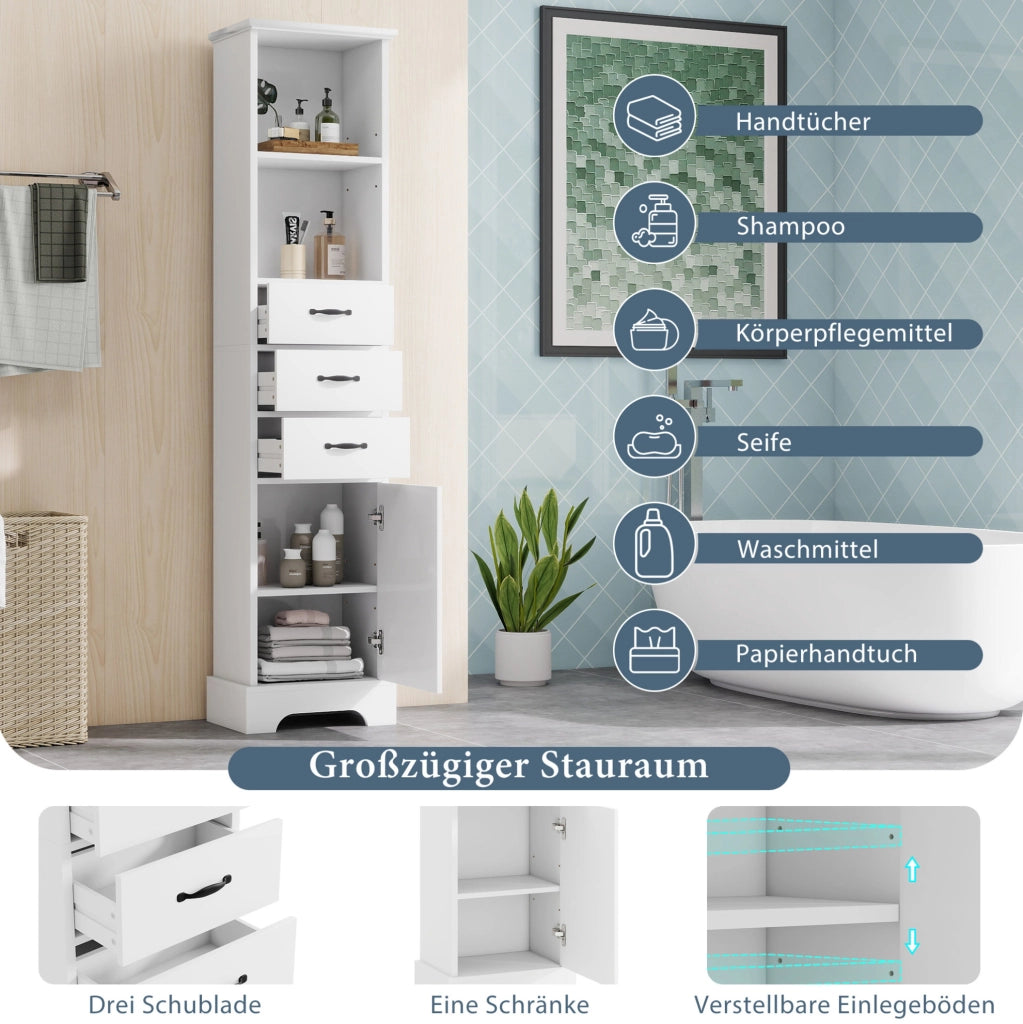 Mobile bagno alto bianco 38 x 26 x 172,5 cm in MDF con cassetti e ripiani regolabili