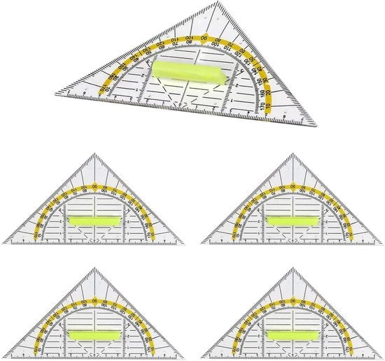 Set di 5 Triangoli Geometrici Flessibili e Transparenti con Manico e Modello Circolare per Disegno Preciso con Scala di Resistenza