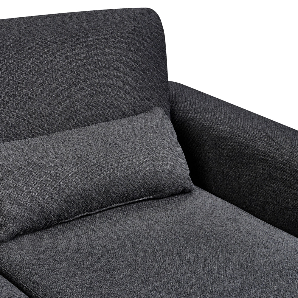 Divano letto ad angolo Rivestimento nero in tessuto poliestere Gambe in legno chiaro Cuscini Design moderno