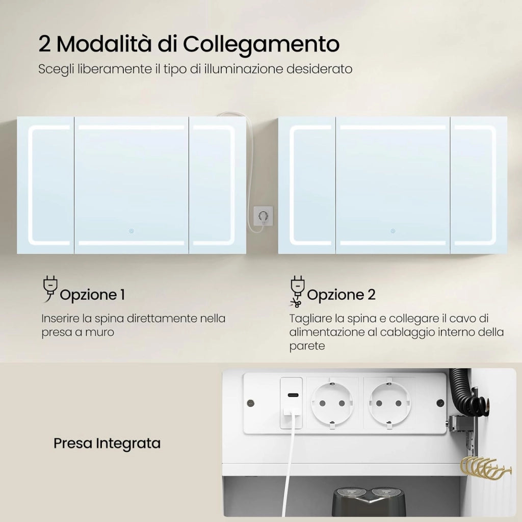 Mobile Bagno con Specchio e Luce, Armadietto Bagno a 3 Porte con Ripiani Regolabili, Ganci e Prese, Luce Tattile a 3 Colori, per Appartamento, Bianco, 100x14,5x60 cm, Nordico