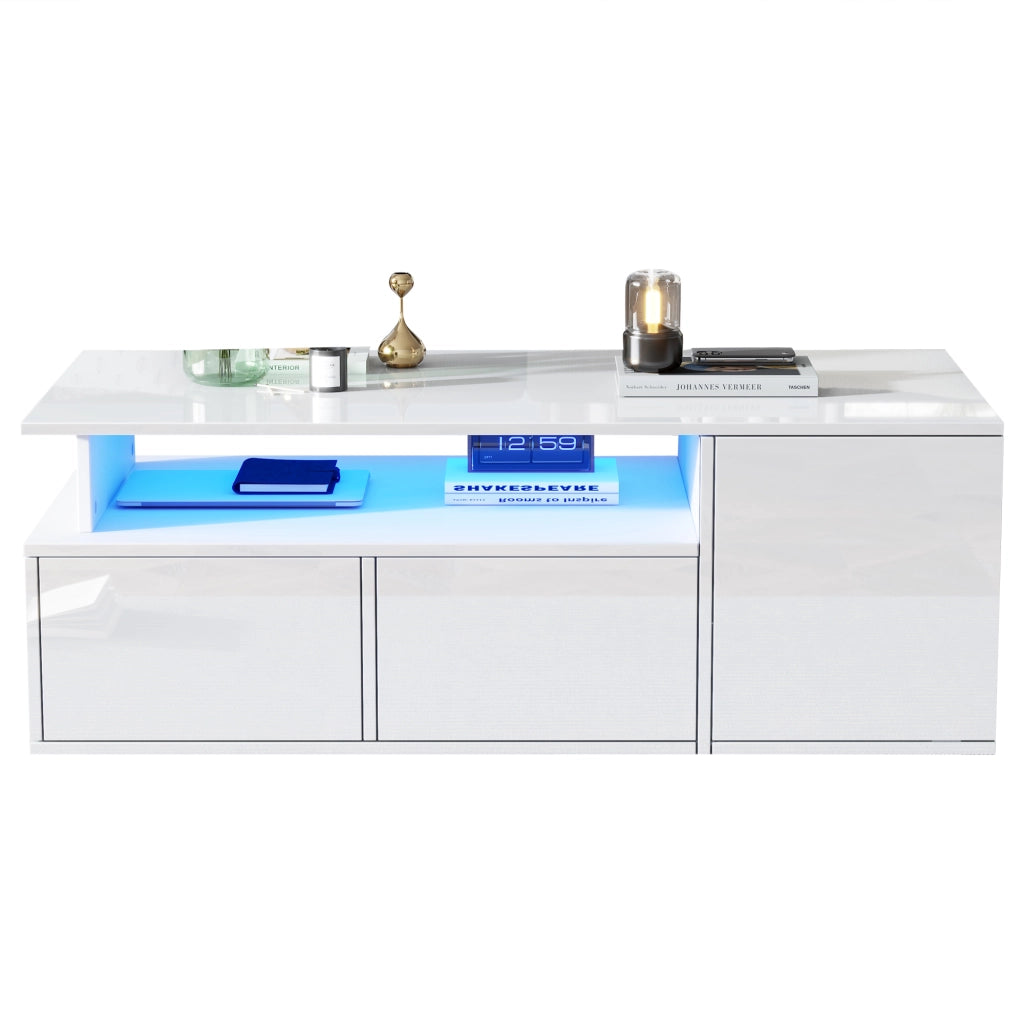TAVOLINO DA SALOTTO 100x50x35 cm Bianco Lucido con LED e 2 Cassetti