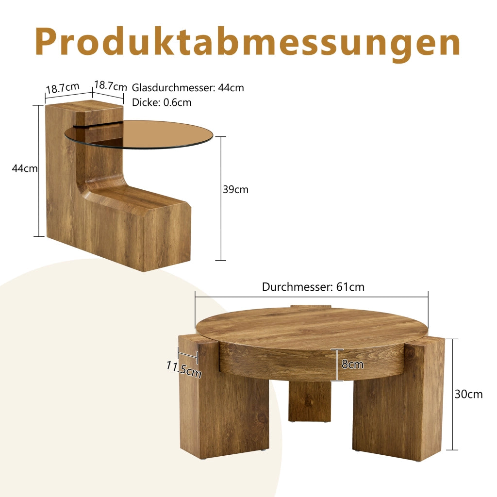 TAVOLINO Set da 2 pezzi rotondo a due livelli 61 cm MDF effetto legno e vetro marrone