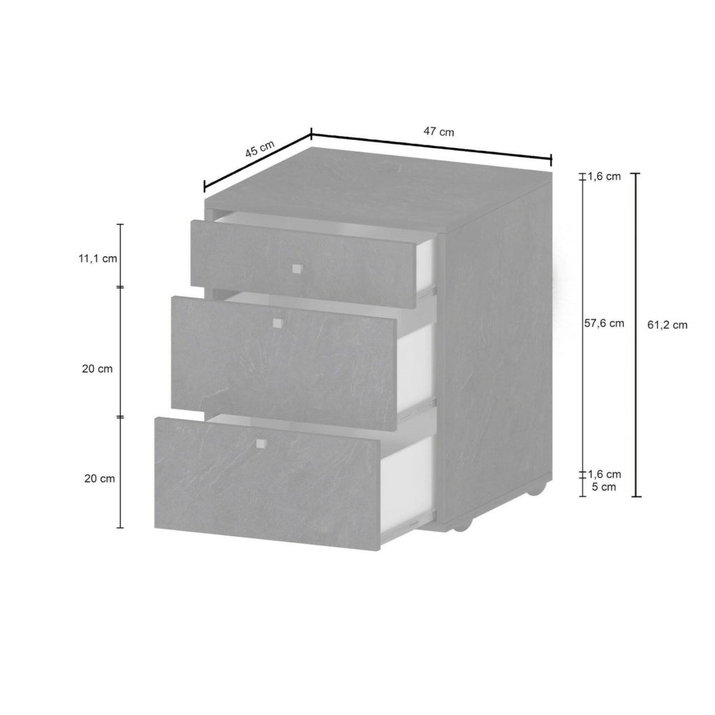 Cassettiera Asgabat, Cassettiera camera da letto , Settimino con 3 cassetti, 47x45h61 cm, Ardesia