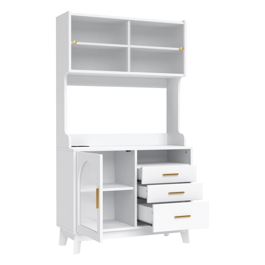 Credenza alta da sala da pranzo 100,5×40×178 cm con ampio spazio contenitivo, prese integrate e porte USB, bianco