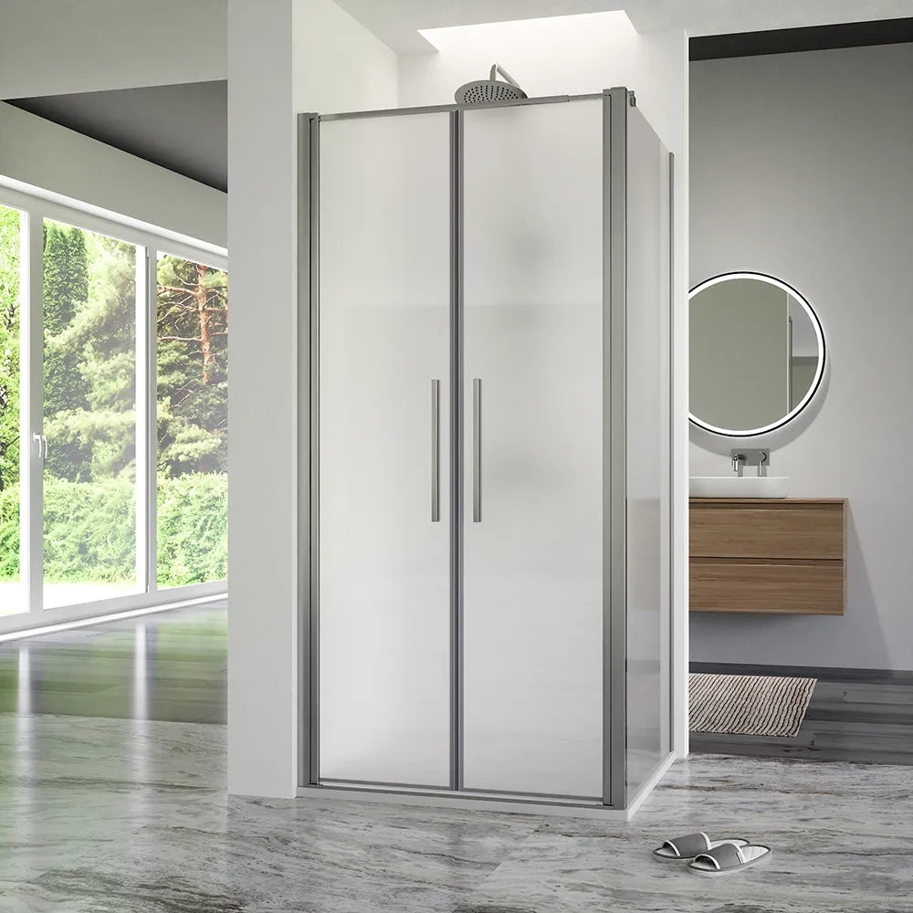 Box doccia 100x90cm con apertura saloon e parete fissa, profili cromati e vetro da 6mm opaco h195 | Elba