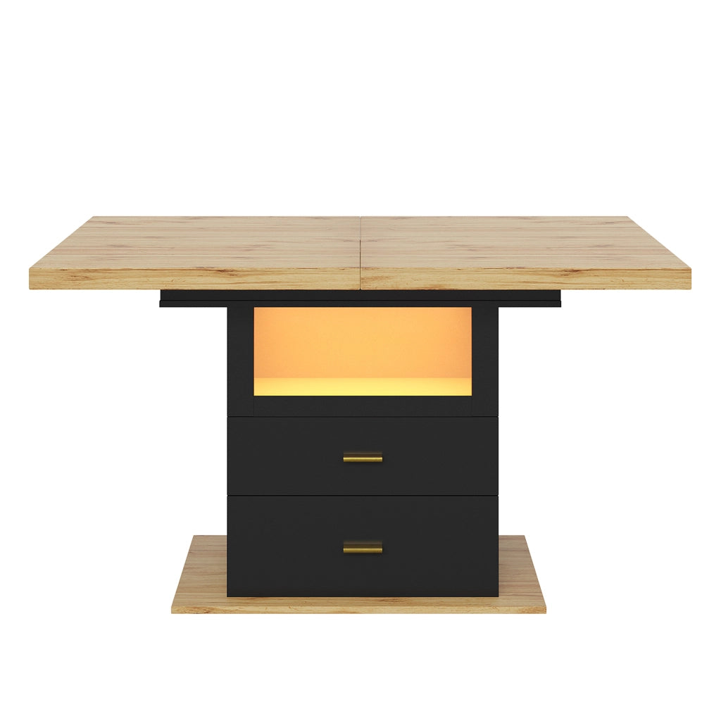 Tavolo da pranzo allungabile 110-140 x 80 x 75 cm con LED, 2 cassetti, MDF e metallo