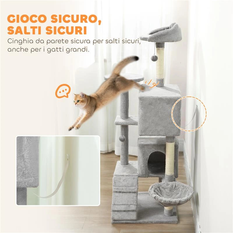 ALBERO TIRAGRAFFI PER GATTI ALTO 160 CM CON 2 CASETTE, AMACA, LETTINO E PALI IN SISAL, GRIGIO