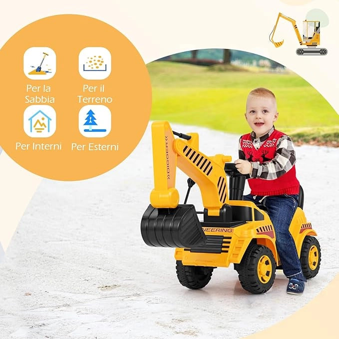 Escavatore a Spinta Cavalvabile per Bambini, Ruspa Giocattolo con Benna da Scavo Suono e Spazio di Stoccaggio, Veicolo da Costruzione per Bambini 19-36 Mesi (Stile 4)