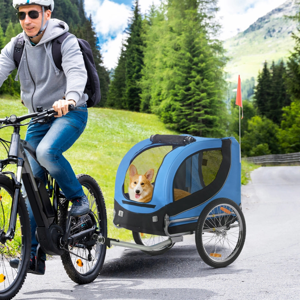 Rimorchio per bici per cani in tessuto Oxford blu, 130 x 73 x 90 cm, portata 30 kg