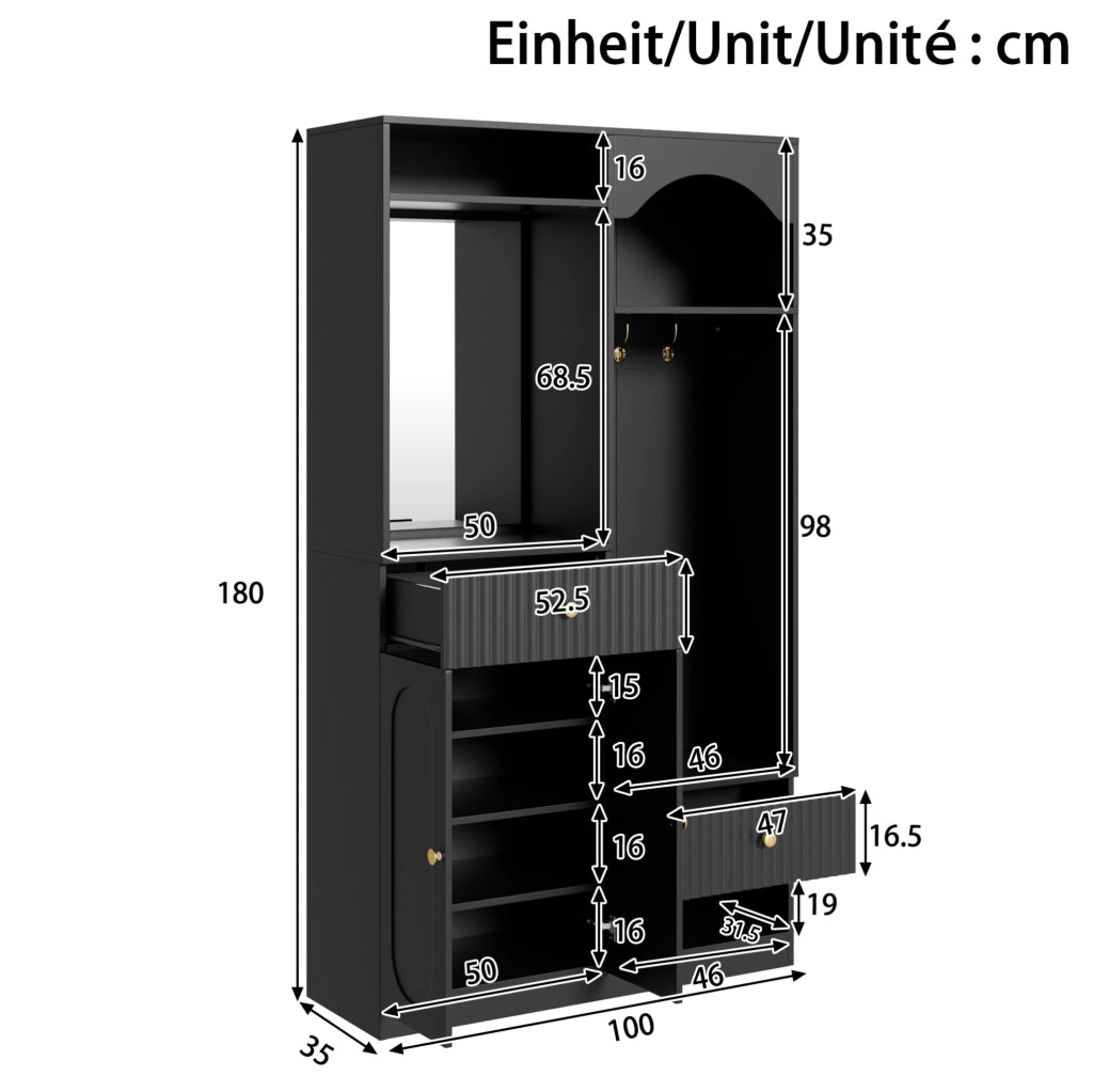 Garderoba da ingresso 100x35x180 cm con specchio; seduta e LED; MDF; nero