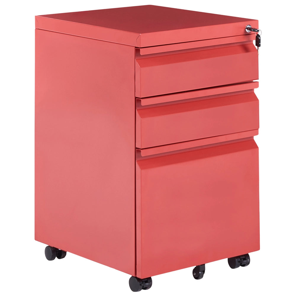 Mobile contenitore in acciaio rosso a 3 cassetti con rotelle in plastica e serratura a chiave per ufficio moderno
