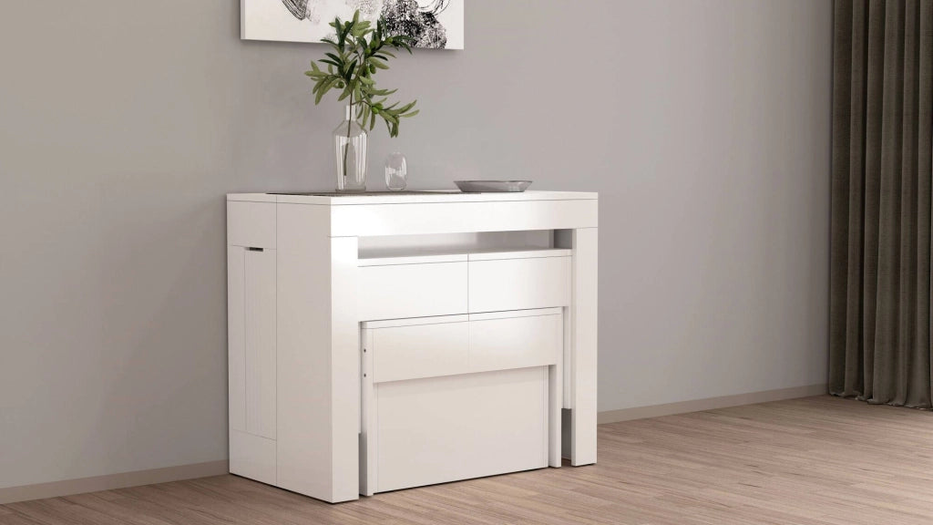 Panca Quedan, Set di 2 sedute per tavolo da pranzo, Panche allungabili, 290x25h45 cm, Bianco lucido