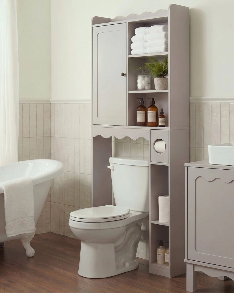 Mobile da bagno a colonna in MDF con ripiani, colore beige chiaro stile tradizionale