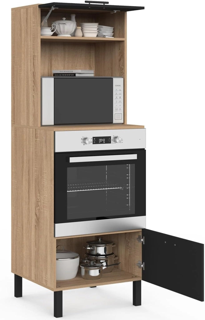 CINA Armadio forno/microonde a colonna da 60 cm a 2 porte, nero e faggio