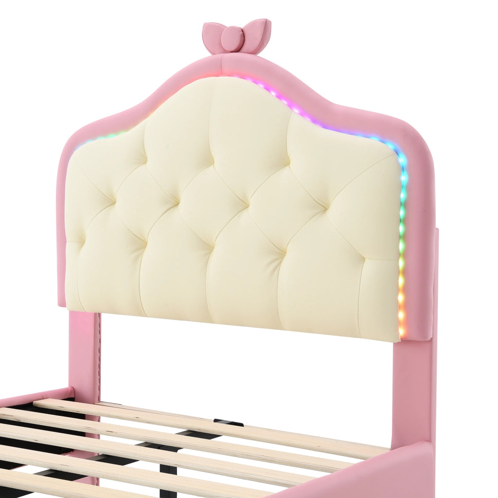 DESMIU Letto singolo 1 posto con LED multicolore e testiera ondulata, 90 × 200 cm, senza materasso, PU rosa e bianco