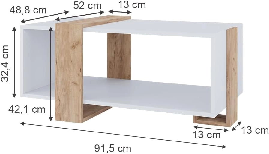 Tavolino Aven, Rovere bianco/dorato, 91.5 x 52 cm, con ripiano aggiuntivo per libri e riviste