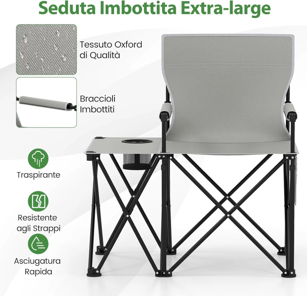 Sedia da Campeggio con Tavolino Laterale, Sedia da Picnic Pieghevole con 2 Tasche, Portabicchieri, Braccioli Imbottiti, Borsa da Trasporto, Portata 150 kg (Grigio)