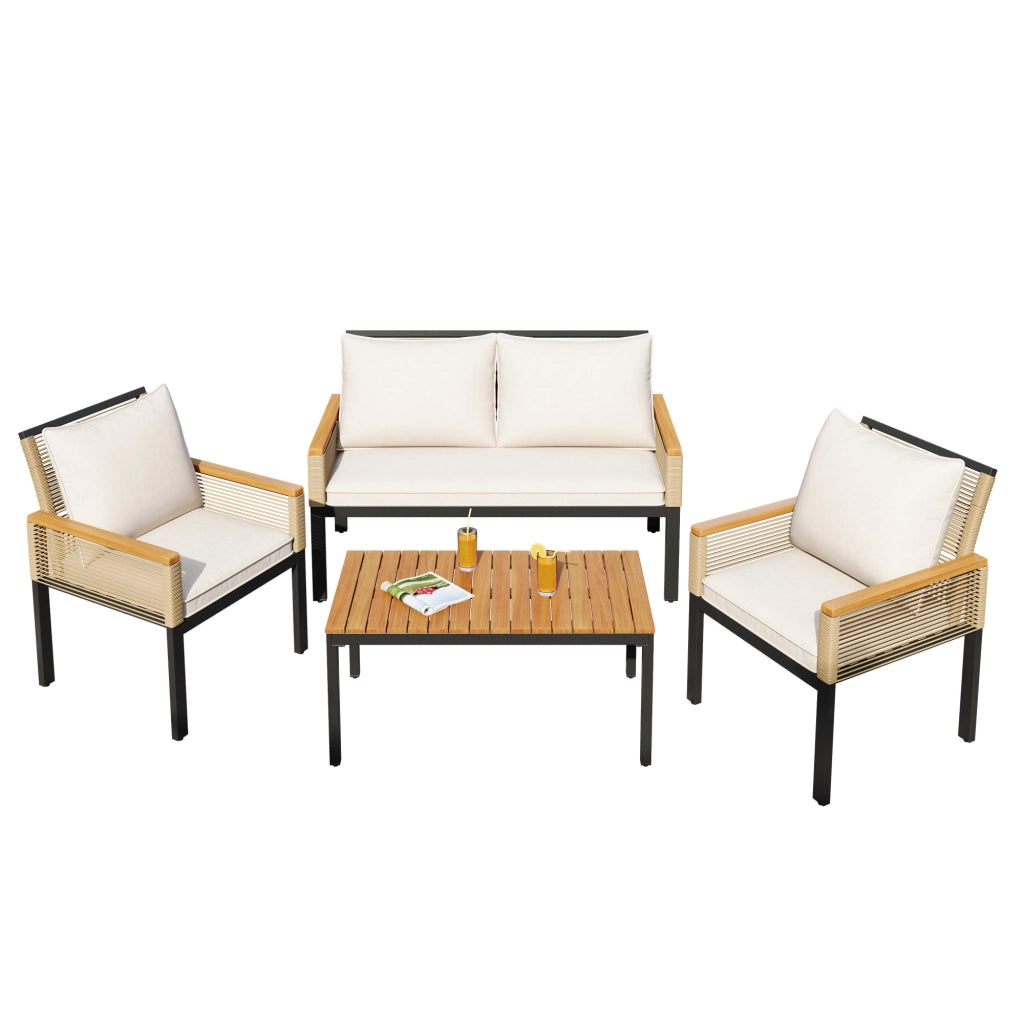 Set Divano da Giardino Polyrattan con Cuscini, 2 Poltrone e Tavolino ¨C MINIMAL ¨C Beige