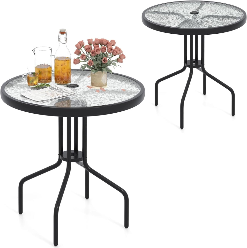 Tavolo da giardino in vetro temperato, tavolo da pranzo con foro per ombrellone, 4 cm, tavolino rotondo con telaio in metallo, per balcone, terreza, diametro 70 cm