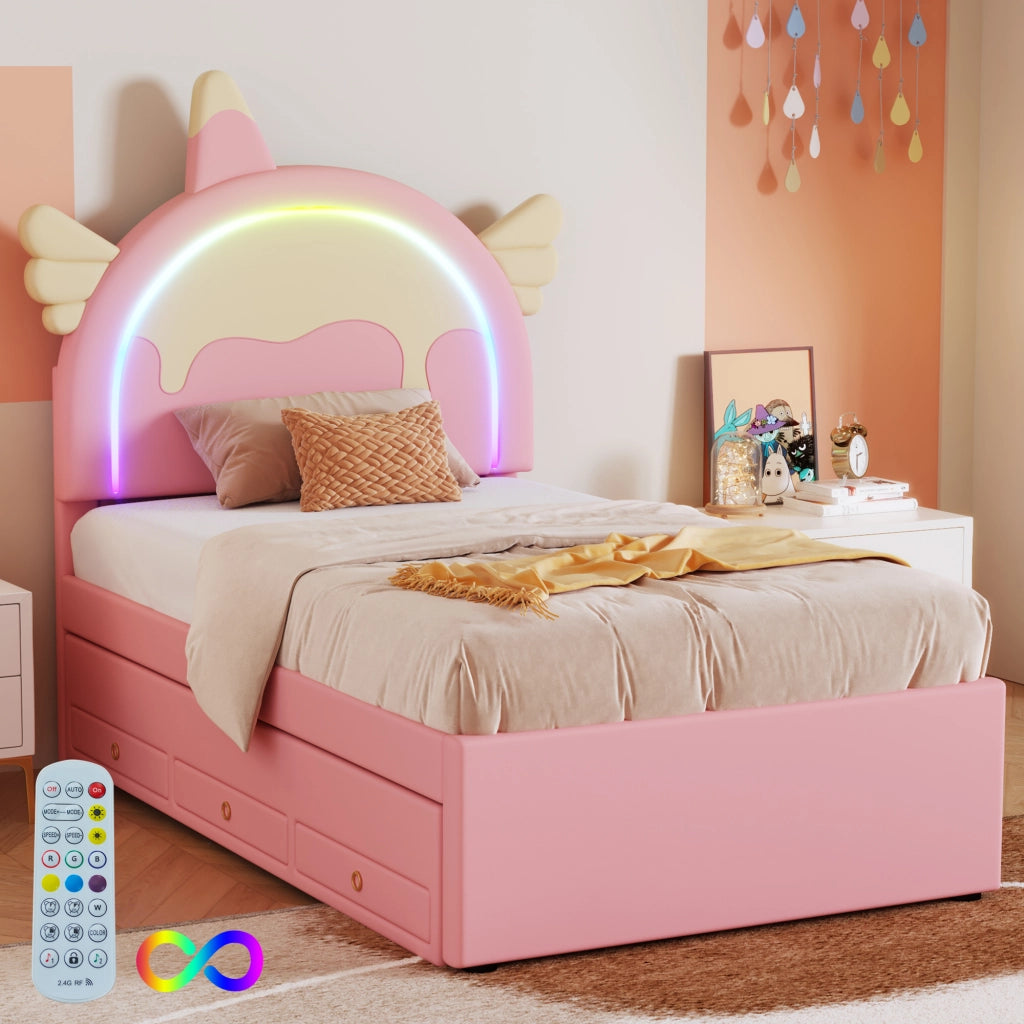 Letto Estraibile 90×200 cm; Singolo con Testiera a Unicorno e Letto Estraibile; senza Materasso; Rosa
