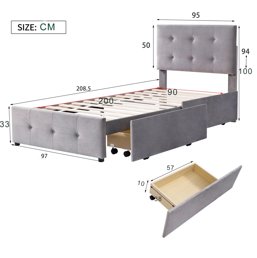 Letto imbottito 90x200 cm con testiera; 1 cassetto e rete a doghe; grigio