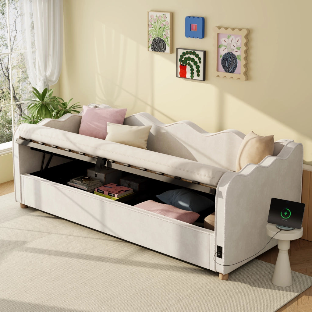 Letto contenitore imbottito ¨C Minimal ¨C beige velluto 90x200 cm con idraulico