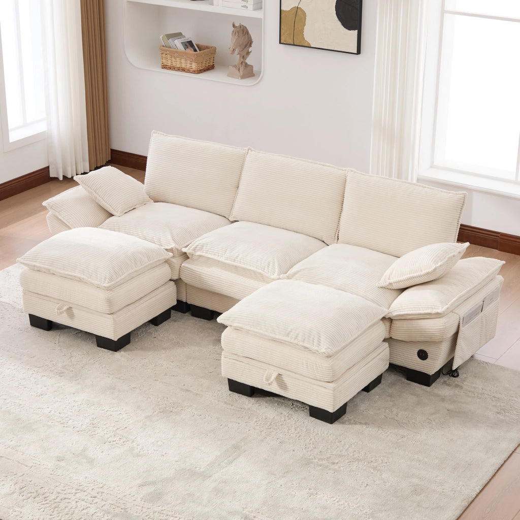 Divano modulare a 3 posti in velluto a coste con pouf porta USB-C tasche laterali e cuscini in schiuma beige