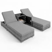 Set 2 Lettini Prendisole in Polyrattan con Tavolino Contenitore e Cuscini, Schienale Reclinabile 5 Posizioni, Arredo Giardino Piscina 184x60x21 Cm Grigio