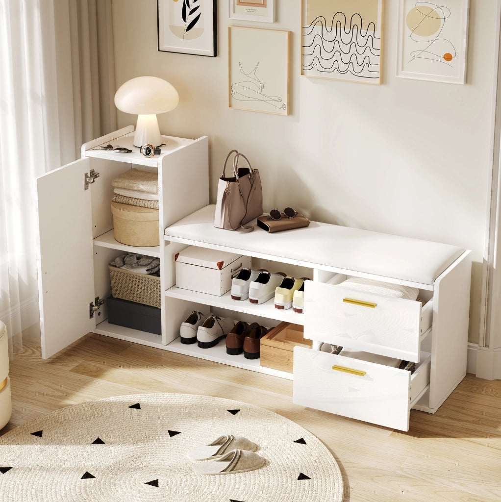 Scarpiera con panca 128x30x68 cm in truciolato bianco con 2 cassetti e ripiani