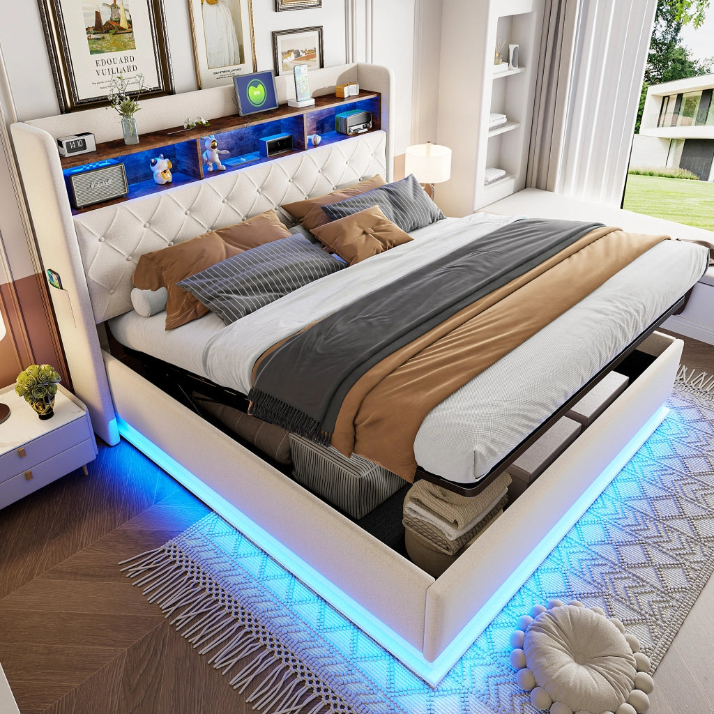 Letti contenitori 180x200 cm; luci LED multicolore e USB; tessuto; beige