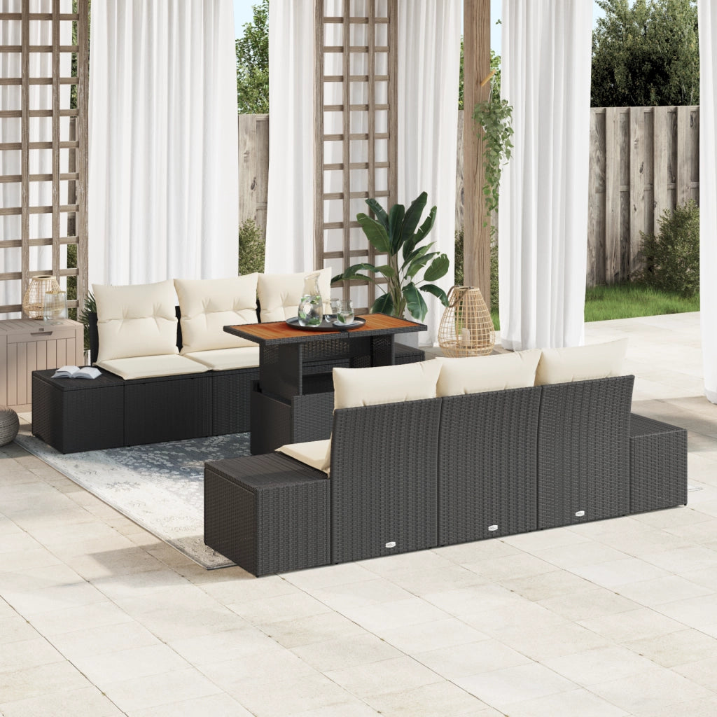 Set da pranzo da giardino 7 pezzi con cuscini in rattan polietilene nero e acacia