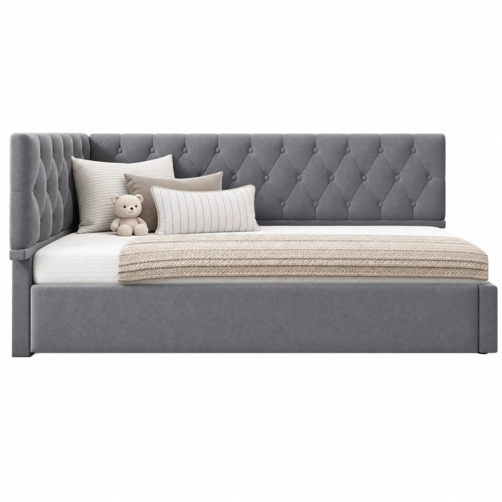 Letto imbottito a L in velluto grigio 90x190 cm con contenitore idraulico