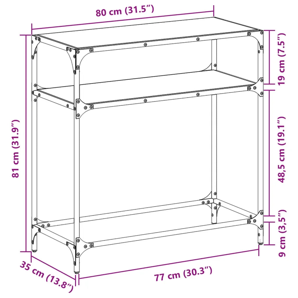 Tavolino Consolle con Piano in Vetro Nero 80x35x81cm in Acciaio 846025