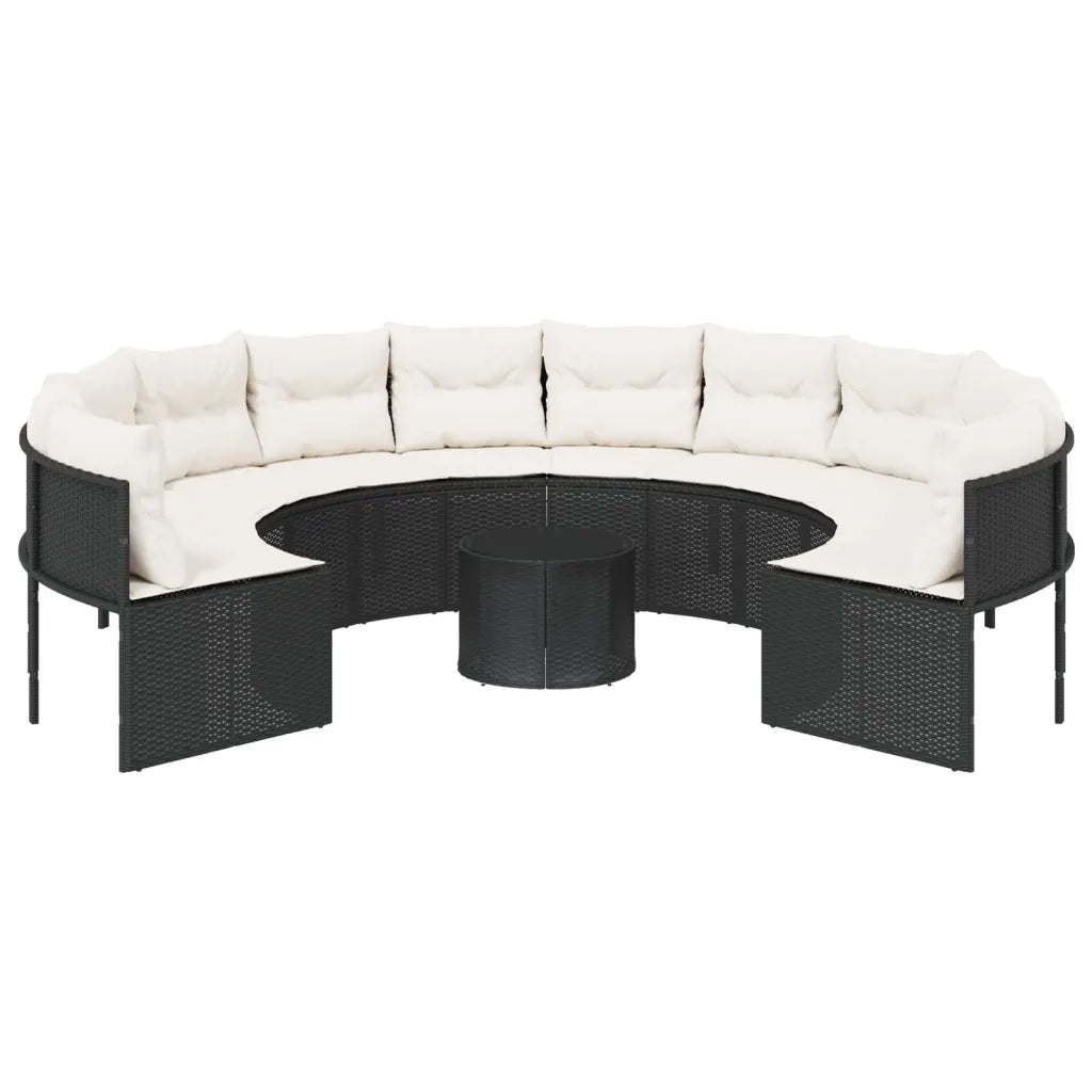 Divano Giardino con Tavolo e Cuscini Circolare Nero Polyrattan 3318544