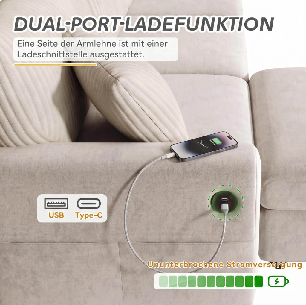 Sofa moderno beige con pouf; 2 cuscini; porta USB e Type-C; 223x146x84 cm