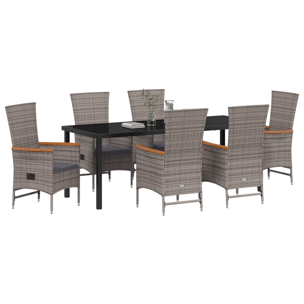 Set da Pranzo da Giardino 7 Pezzi con Cuscini Grigio in Rattan Polivinilico
