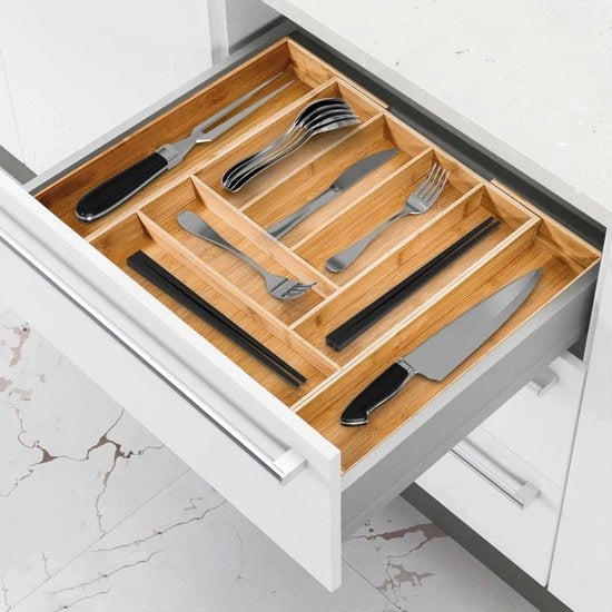 Cassa da stivella in bambù - 8 cassetti - Configurazione personalizzabile - 33-50 x 43 x 5 cm - Cassetto per utensili da cucina e attrezzi