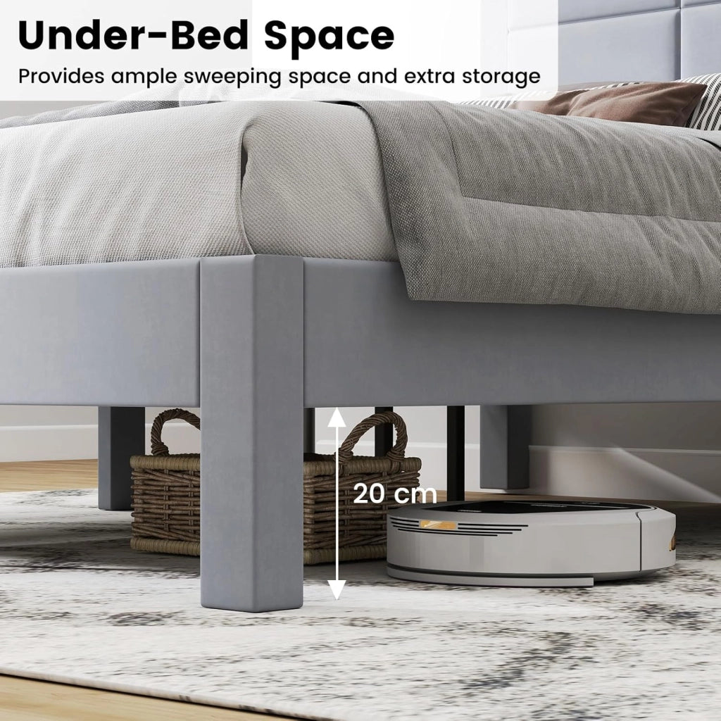 Struttura Letto Matrimoniale 211 x 141 cm con Testiera Imbottita, Letto Piattaforma con Doghe in Legno, Spazio di Archiviazione Sotto il Lett, Stile Moderno per Camera, Grigio
