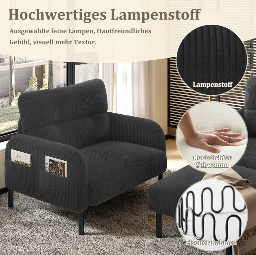 Set divano 2 posti, poltrona e pouf in velluto a coste grigio