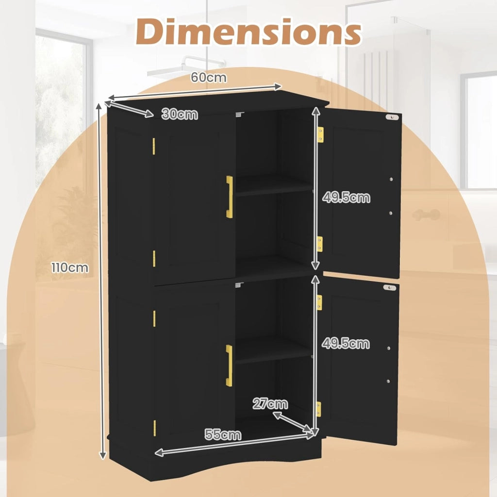 Mobile da bagno, mobile da bagno, 4 ante e 2 ripiani rimovibili, regolabili in 3 posizioni, 2 kit anti-ribaltamento, per cucina, sala da pranzo, soggiorno (nero)