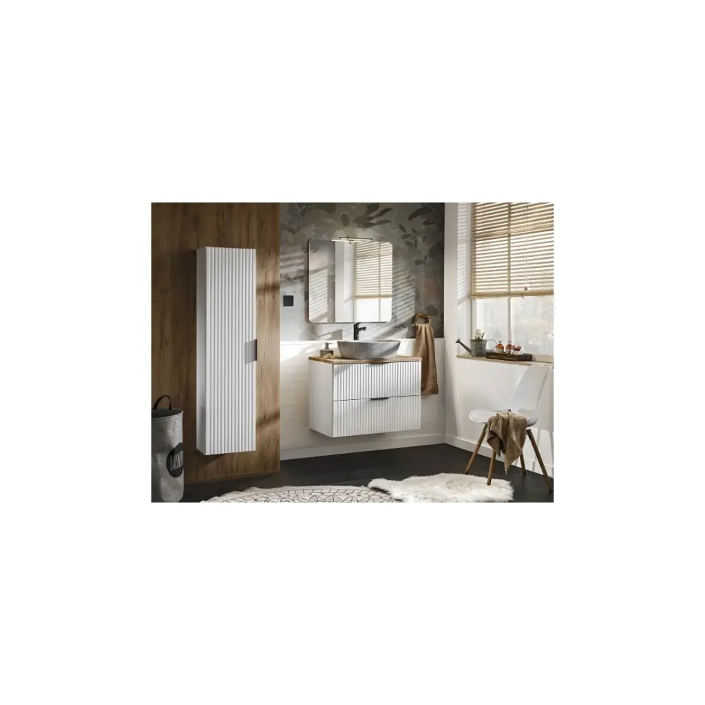 Set da bagno NOXERA – Mobiletto sotto lavabo con lavabo effetto marmo, colonna sospesa, specchio e lampada LED
