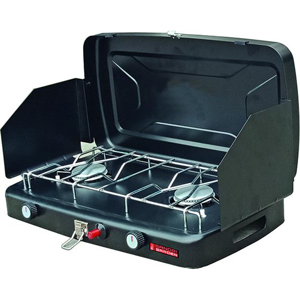 FORNELLO A GAS BUTANO CAMPEGGIO 2 FUOCHI 2x1,2KW ACCENSIONE PIEZO C/VALIGETTA