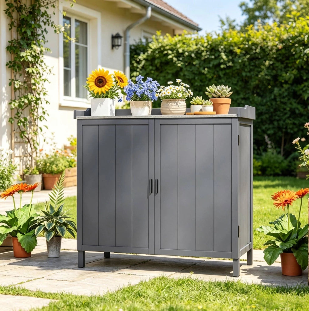 Armadio da giardino 2 in 1 in legno di abete e metallo zincato; grigio; 98x48x95;5 cm