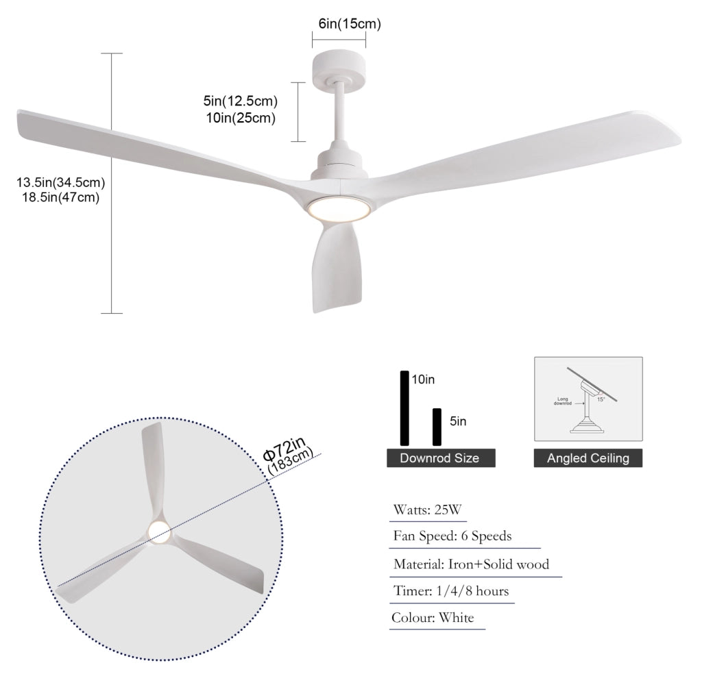 Ventilatore da soffitto 70 pollici con luce LED, telecomando, legno e metallo, bianco