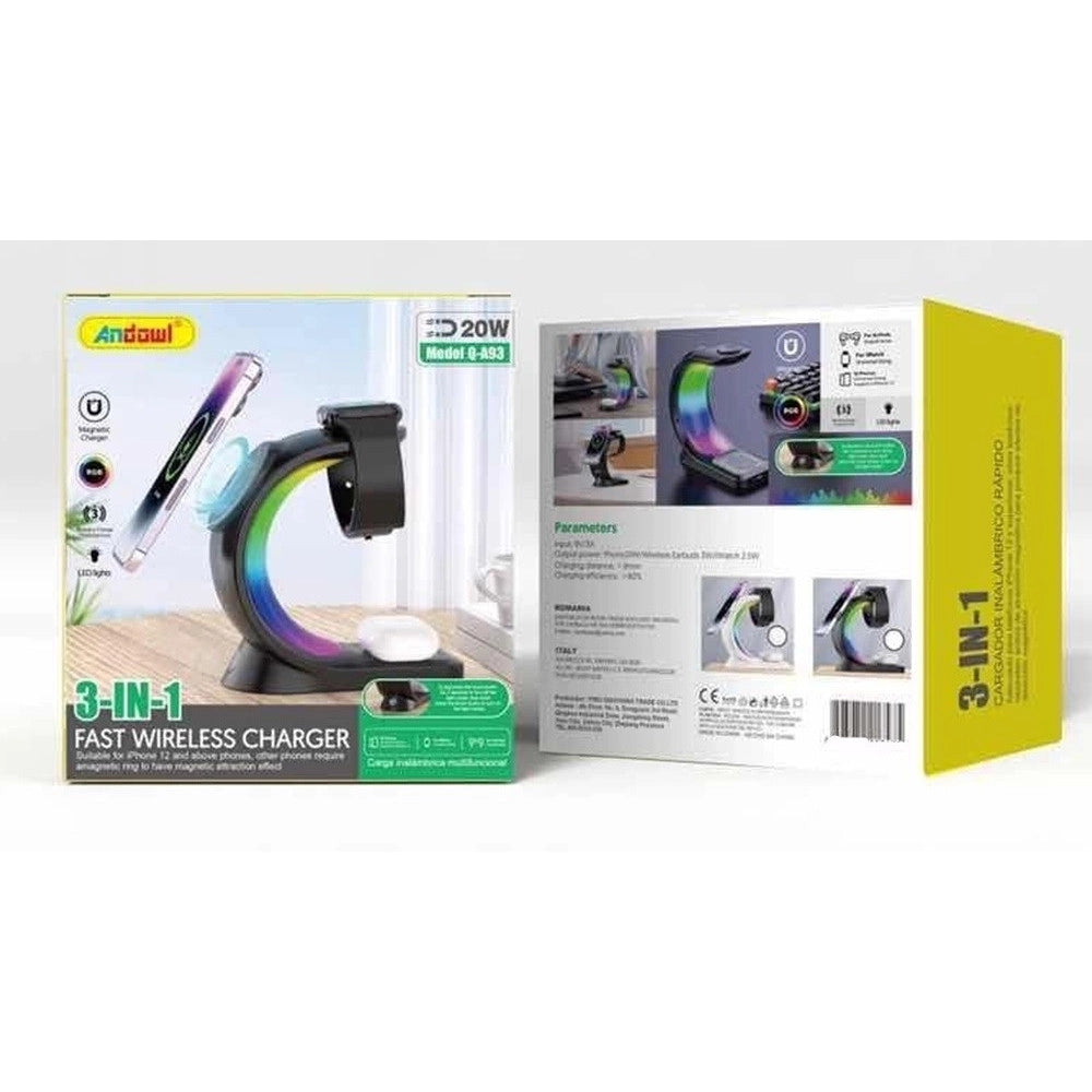 Trade Shop - Caricabatterie Ricarica Wireless Rapido Magnetico 20w 3 In 1 Con Illuminazione Rgb Q-a93 -