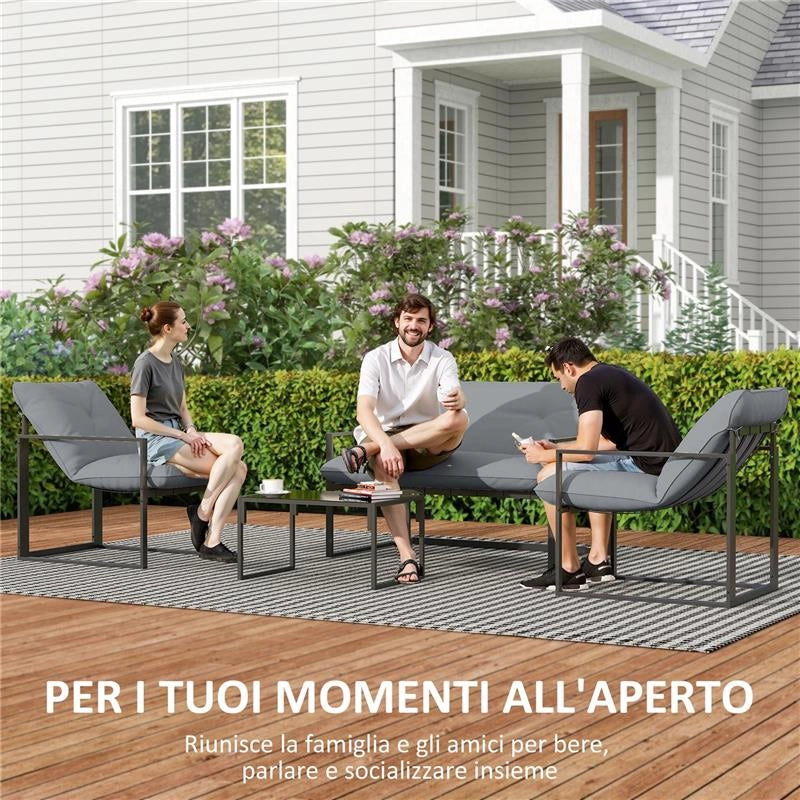 SET DA GIARDINO 4 PEZZI CON DIVANETTO, 2 POLTRONE E TAVOLINO, IN ACCIAIO, POLIESTERE E COTONE PP, NERO E GRIGIO