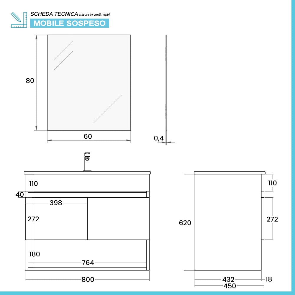 Mobile bagno sospeso 80 cm bianco e rovere con ante e vano a giorno Kleo